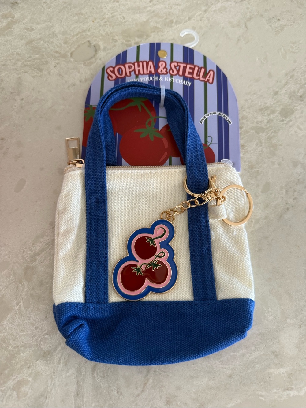 Sophia & Stella Mini Canvas Tote Bag Charm Keychain Pouch Tomato Blue White NWT